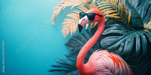 Exotic tropical summer travel background. Summer beach party concept. Summer sale. Pink flamingo in sunglasses, tropical leaves, palm branches on blue background