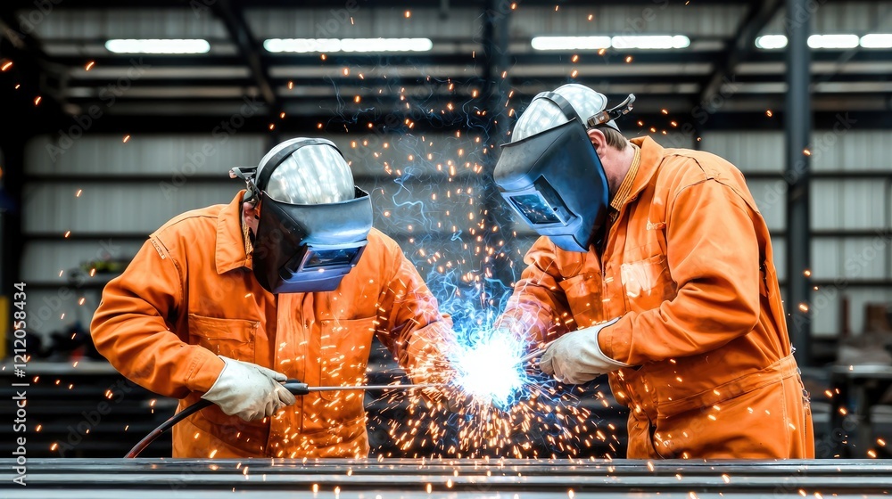 Welders working in factory, sparks flying, industrial background, manufacturing Welders working in factory, sparks flying, industrial background, manufacturing