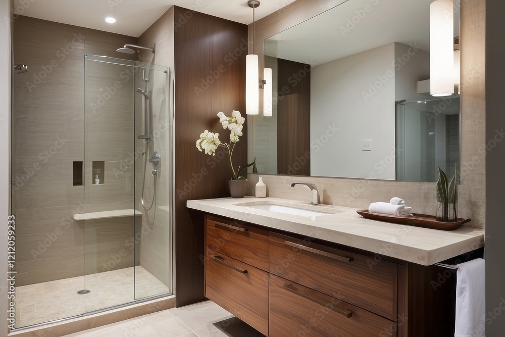 Small Bathroom Design With Wooden Vanity Unit And Quartz Bathroom Countertop Small Bathroom Design With Wooden Vanity Unit And Quartz Bathroom Countertop