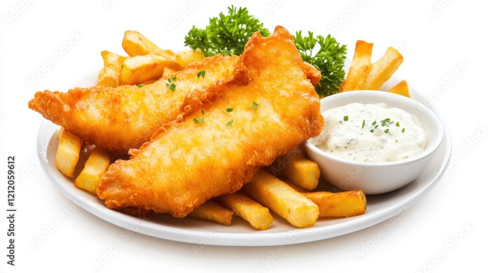 A plate of golden-brown fish and chips served with a side of tartar sauce, Each piece of fish crispy and flaky, Set against an isolated white background to highlight its classic pub fare A plate of golden-brown fish and chips served with a side of tartar sauce, Each piece of fish crispy and flaky, Set against an isolated white background to highlight its classic pub fare
