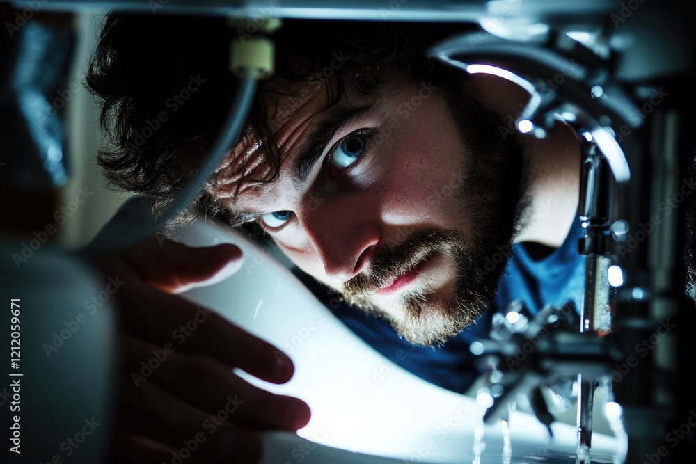 A man with a beard is looking into a sink, possibly lost in thought or contemplating something A man with a beard is looking into a sink, possibly lost in thought or contemplating something