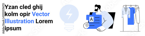 Light bulb symbolizing ideas, man holding a document representing analysis, clothes rack for organization. Ideal for brainstorming, creativity, business presentations, education, innovation, fashion