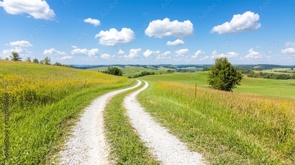 Winding country road through summer fields, blue sky, clouds. Use travel, nature Winding country road through summer fields, blue sky, clouds. Use travel, nature