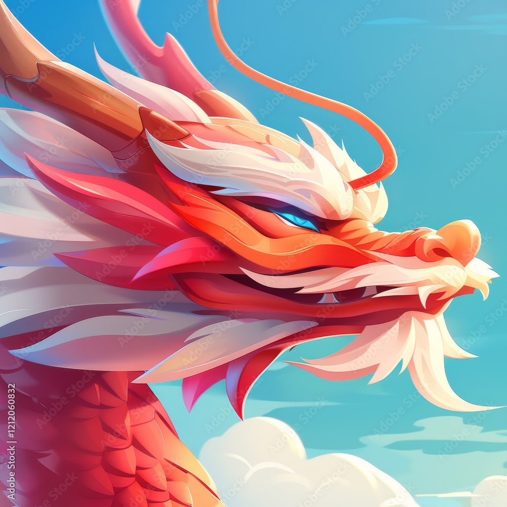 A close-up of a red and white Chinese dragon with blue eyes, against a blue sky with clouds. A close-up of a red and white Chinese dragon with blue eyes, against a blue sky with clouds.