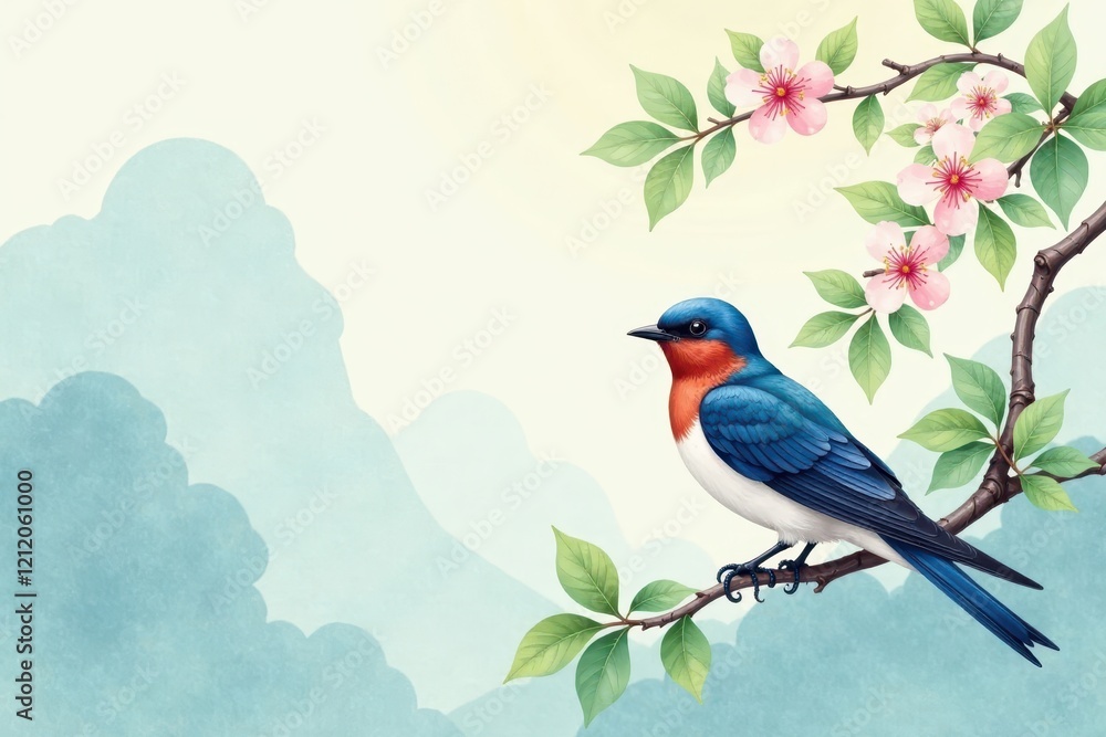 Fototapeta premium A Vibrant Blue Bird Perched on a Blooming Branch Against a Serene Mountain Landscape