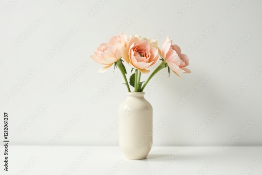 A serene arrangement of delicate peach-colored blossoms in a simple, elegant vase against a minimalist backdrop A serene arrangement of delicate peach-colored blossoms in a simple, elegant vase against a minimalist backdrop