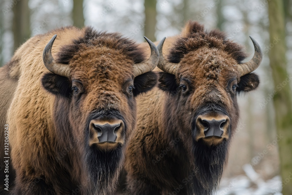 Two european bisons standing in snowy forest in winter Two european bisons standing in snowy forest in winter