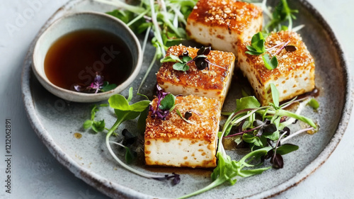 Deliciously fried tofu slices in breadcrumbs garnished with micro greens and sea cabbage served with soy sauce on a light gray background. vegan, vegetarian meat. Asian dish with tofu photo