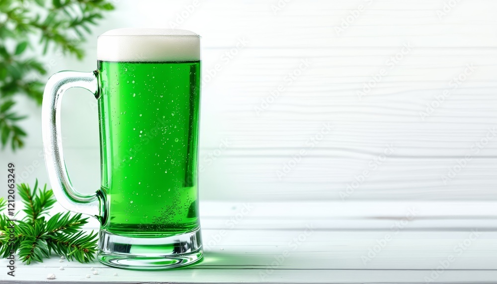 Green beer in a glass mug with foam on white wooden background Green beer in a glass mug with foam on white wooden background