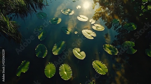 Sunlit pond with lily pads, tranquil nature scene, ideal for relaxation or environmental themes photo