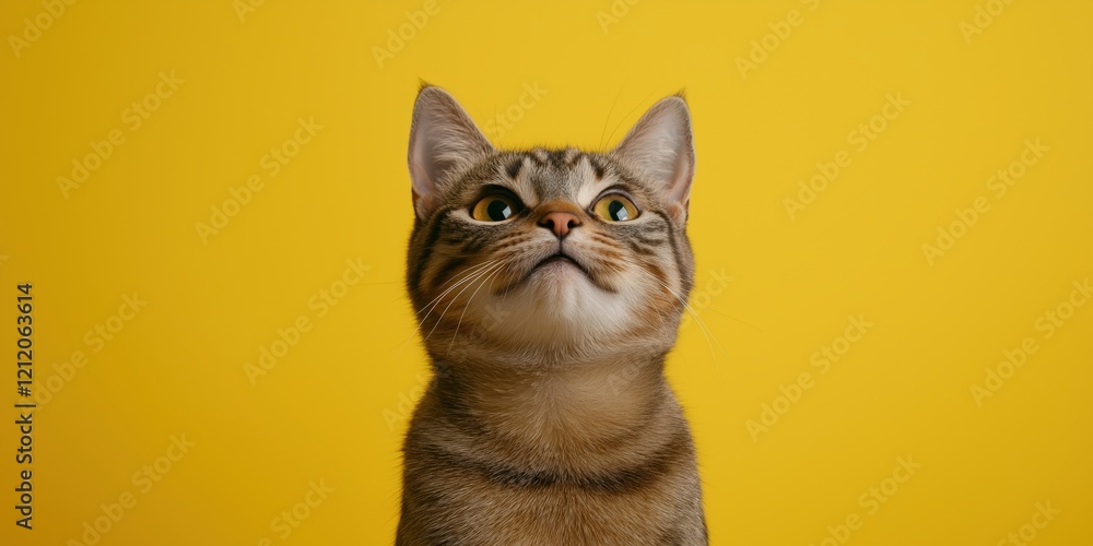 A cat with its mouth slightly open, eyes squinting in contentment, and ears perked, sitting against a bright sunny yellow background A cat with its mouth slightly open, eyes squinting in contentment, and ears perked, sitting against a bright sunny yellow background