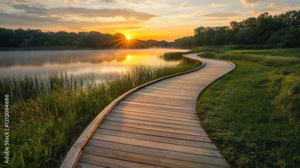 A boardwalk trail running alongside a peaceful lake at sunrise. A boardwalk trail running alongside a peaceful lake at sunrise.