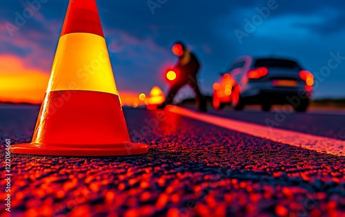 A traffic accident scene at dusk, with a traffic cone in the foreground and a person assisting near a damaged car photo