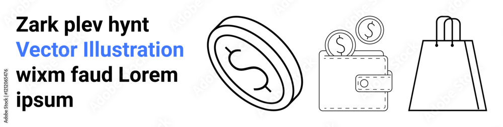 Black and white outline icons including a shopping bag, wallet with coins, and dollar coin. Ideal for e-commerce, shopping, finances, savings, online payment budgeting retail. Landing page Black and white outline icons including a shopping bag, wallet with coins, and dollar coin. Ideal for e-commerce, shopping, finances, savings, online payment budgeting retail. Landing page