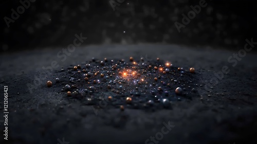Glowing orbs on dark surface, cosmic background, abstract art, website header