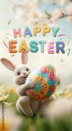 A rabbit holding an Easter egg and a text Happy Easter. Vertical banner.