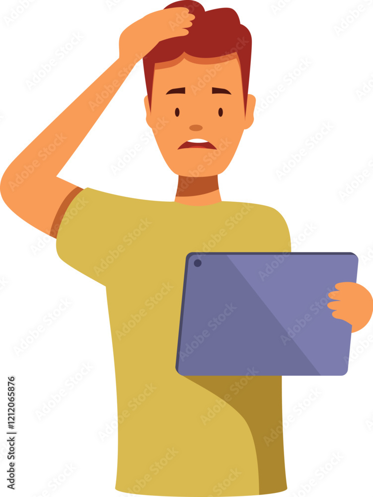 Young man holding tablet and having problems with work, scratching his head with worried expression on his face Young man holding tablet and having problems with work, scratching his head with worried expression on his face