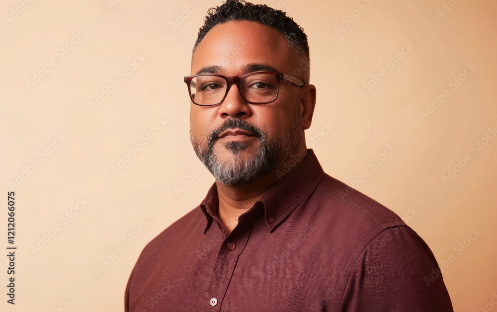 Obraz premium A confident full-figured man with a trimmed beard and glasses, wearing a burgundy button-up shirt, posed on a pastel cream surface