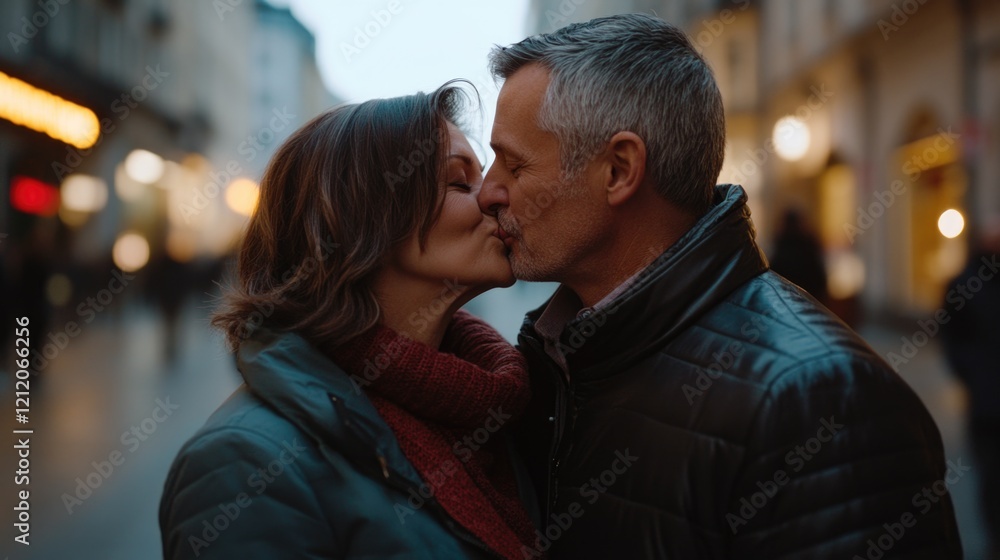 A romantic moment between two people on a bustling city street, great for love stories or urban settings A romantic moment between two people on a bustling city street, great for love stories or urban settings