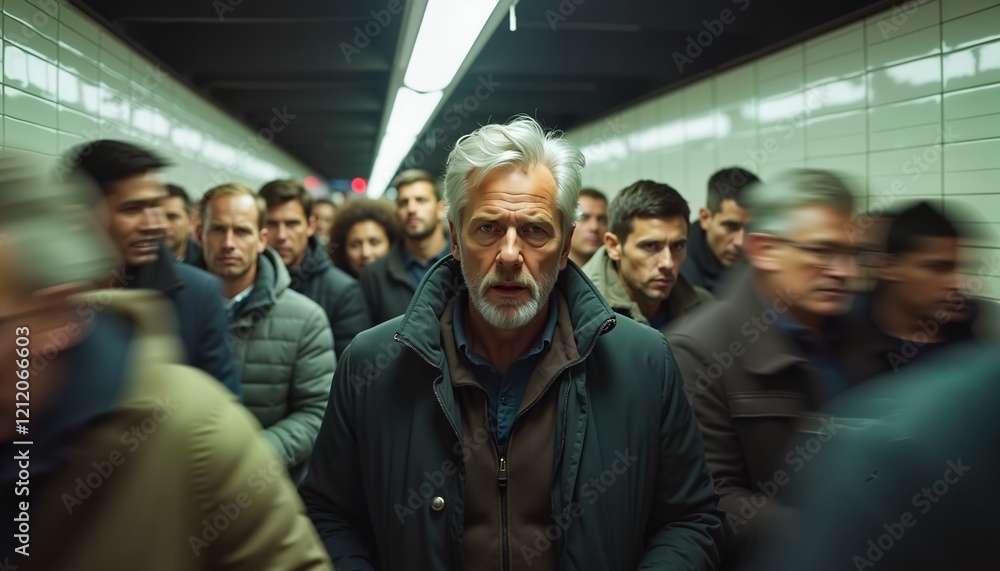 Fototapeta premium Pensive Elderly Man in Busy Subway Tunnel, Symbolic of Urban Isolation