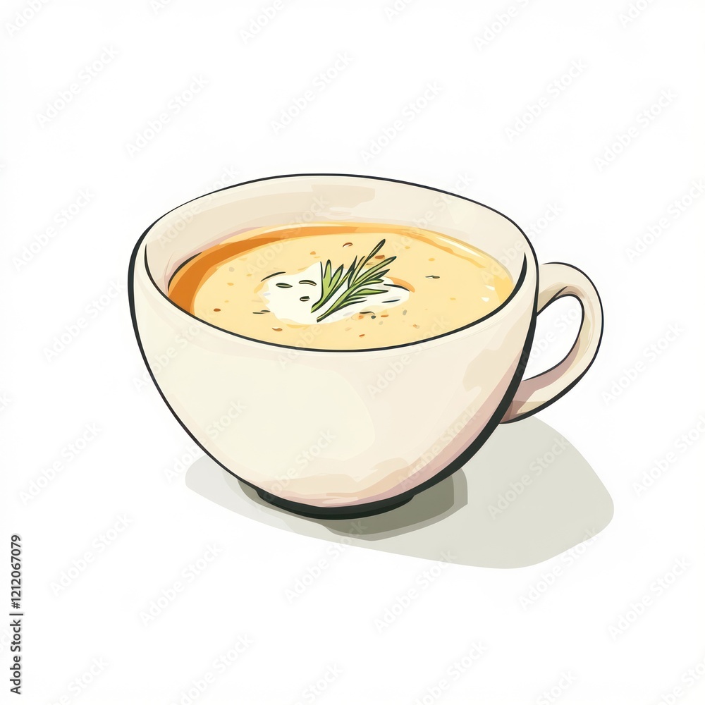 Bowl of soup with cream and a sprig, isolated, for food blog, cooking menu, or cookbook illustration Bowl of soup with cream and a sprig, isolated, for food blog, cooking menu, or cookbook illustration