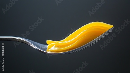 A Delicate Glimpse of Culinary Delicacy: Vibrant Yellow Pasta on a Fork photo