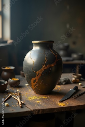 Delicate cracks tell a story of resilience and beauty in this vase.
