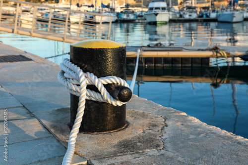 On a sunny day, a white mooring line is attached to a bollard on a sea pier. photo