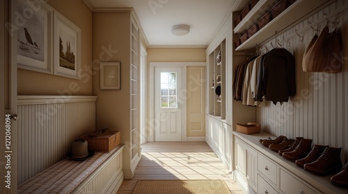 A mudroom with shoe racks  a bench  and hooks for coats and hats.