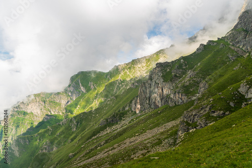 View from Colle di Costa Fiorita mountain pass in Graian Alps in Italy photo