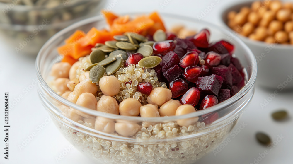 Healthy quinoa bowl with beets, pomegranate seeds, chickpeas, and pumpkin seeds on a light gray table Healthy quinoa bowl with beets, pomegranate seeds, chickpeas, and pumpkin seeds on a light gray table
