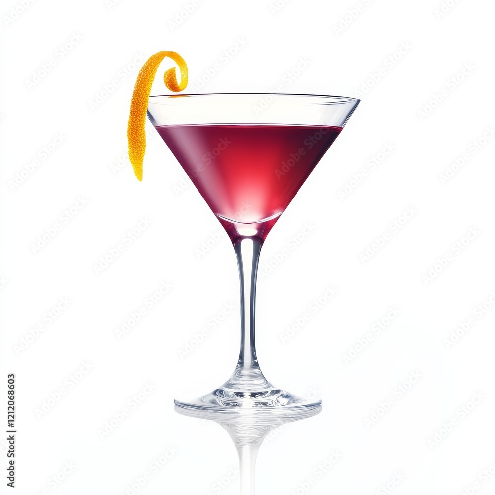 A vibrant cosmopolitan cocktail with a rich ruby hue, garnished with a twist of orange zest and served in a sleek stemmed glass, isolated white background A vibrant cosmopolitan cocktail with a rich ruby hue, garnished with a twist of orange zest and served in a sleek stemmed glass, isolated white background