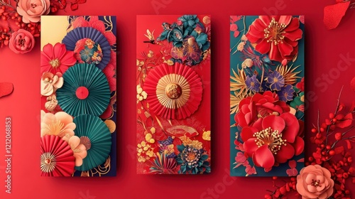 Three vertical banners featuring ornate paper flowers, fans, and birds on a red background.