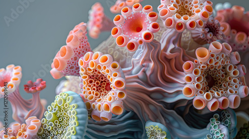 A close-up view of abstract mesmerizing organic shapes, sea creature like a flowers with bubbles in an underwater environment.	
