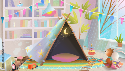 Empty children room interior background. Kids playroom with tent different toys and books. Cute and cozy children room design. Education and learning colorful children illustration. Vector cartoon.