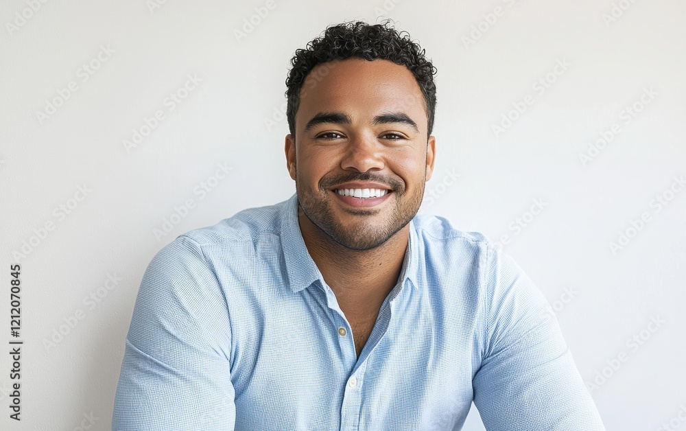 A relaxed full-figured man with short curly hair and a gentle smile, wearing a light blue button-up shirt, posed on a clean white surface A relaxed full-figured man with short curly hair and a gentle smile, wearing a light blue button-up shirt, posed on a clean white surface