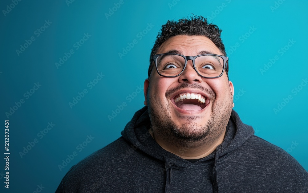 Fototapeta premium A happy plus-sized man with expressive laughter lines and glasses, wearing a dark gray hoodie, standing on a gradient blue backdrop