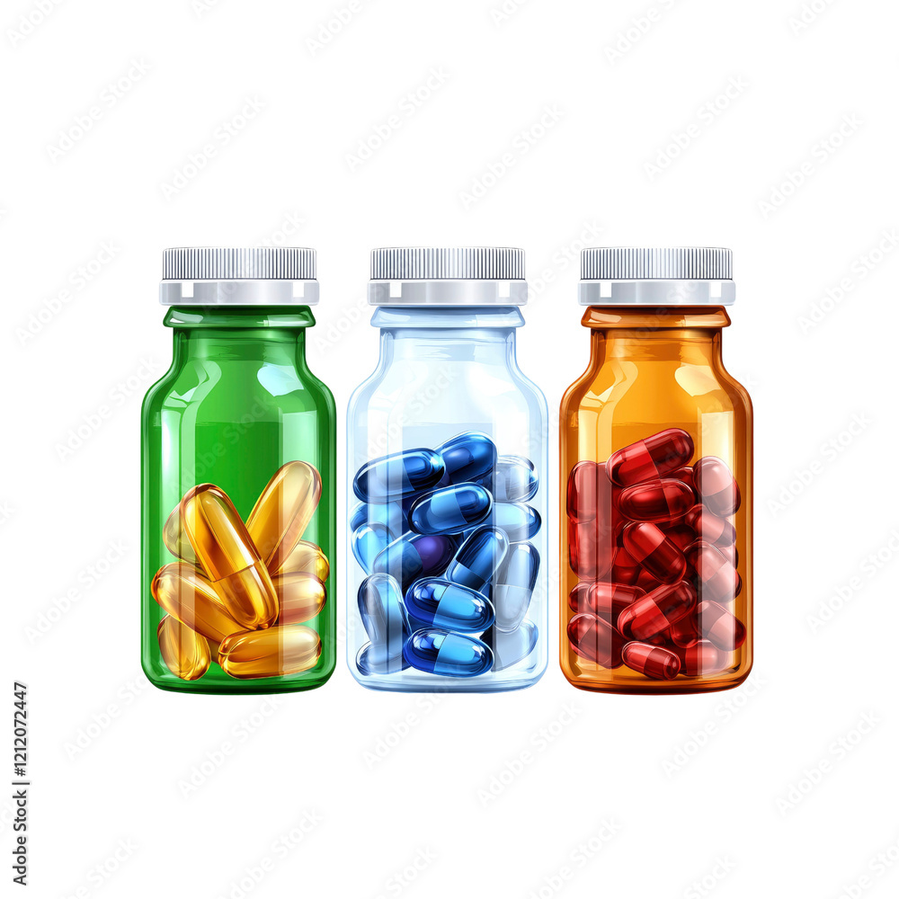 Three Glass Jars Filled with Colorful Capsules and Pills Three Glass Jars Filled with Colorful Capsules and Pills