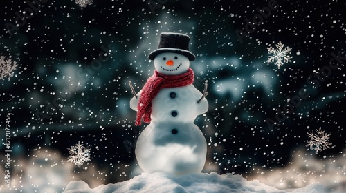 Snowman wearing a black hat and red scarf photo