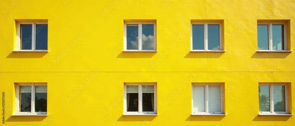 Sunny Yellow Building Facade with Symmetrical Windows Sunny Yellow Building Facade with Symmetrical Windows