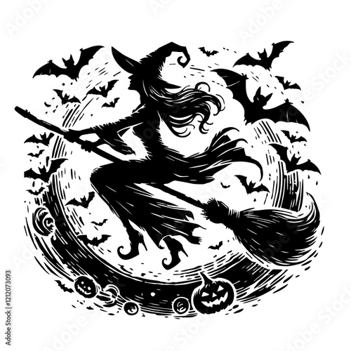 Witch on a Broomstick, Halloween Night, illustration