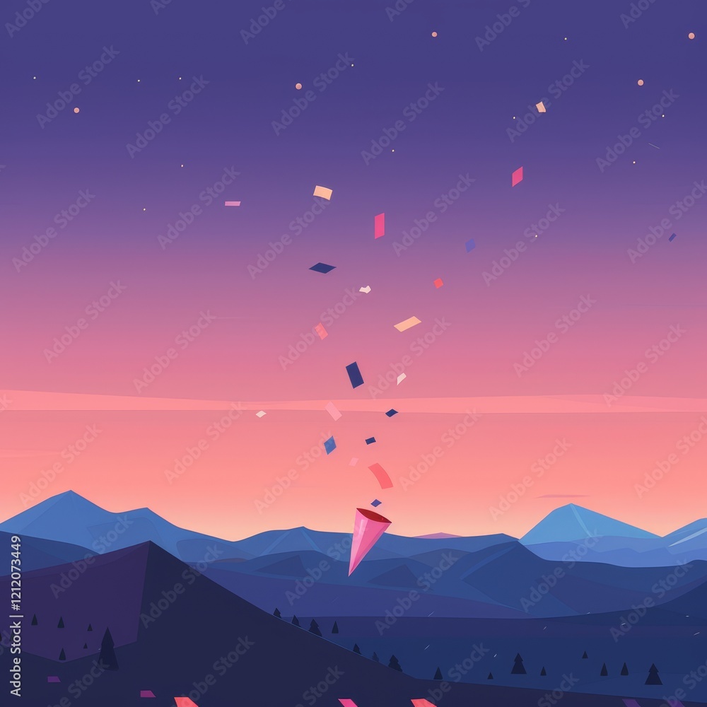 Fototapeta premium A colorful confetti explosion in the sky over a mountain range at dusk.