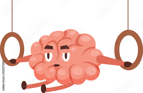 Cartoon brain exercising with gymnastic rings, promoting mental fitness and cognitive health