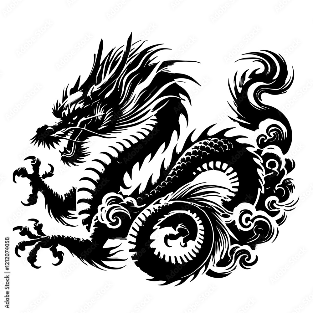 Stylized Illustration of a China Dragon with Distinctive Features, illustration, Stylized Illustration of a China Dragon with Distinctive Features, illustration,