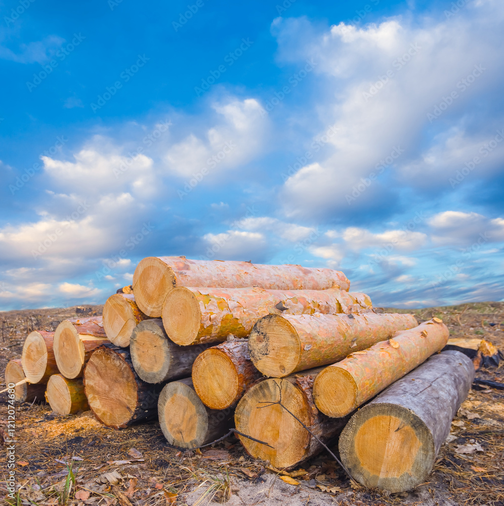 heap of tree trunk lie on forest glade under a cloudy sky heap of tree trunk lie on forest glade under a cloudy sky