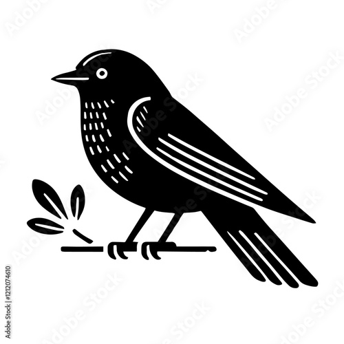 Stylized Bird Perched on a Branch: Minimalist Black and White Design, Jackdaws