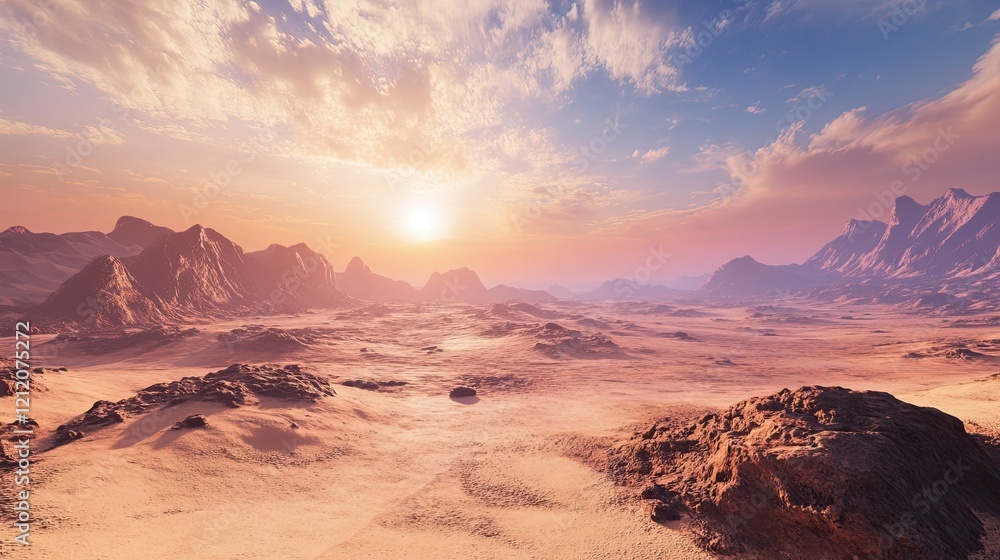 Naklejka premium Desert sunset landscape, mountains, vastness, serenity, travel, background, stock photo