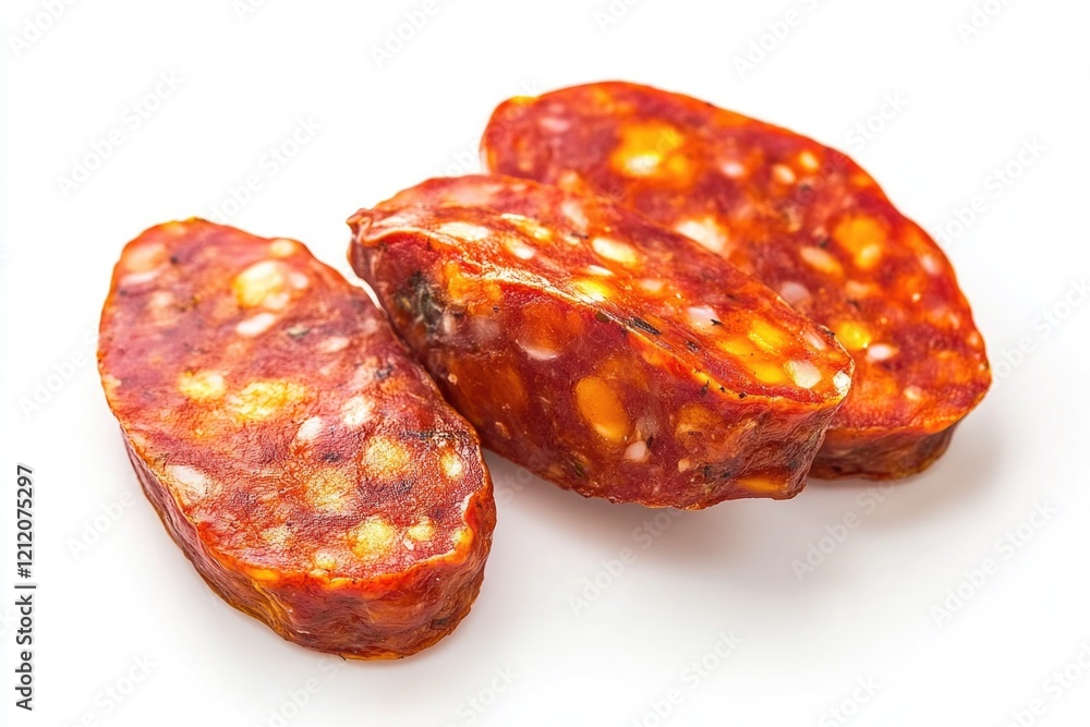 Fresh sausage slices on a clean white surface, great for food photography or illustrations Fresh sausage slices on a clean white surface, great for food photography or illustrations