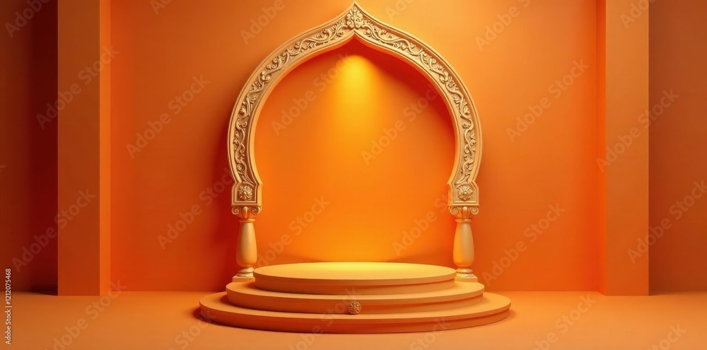 Elegant Ornate Archway with Tiered Display Platform in Warm Amber Hue Elegant Ornate Archway with Tiered Display Platform in Warm Amber Hue