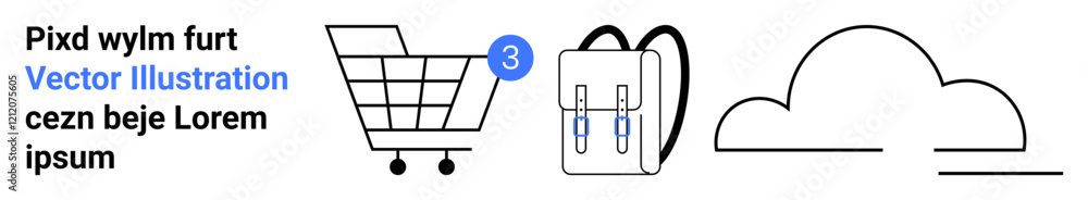Shopping cart with notification badge, backpack, and cloud outline. Ideal for e-commerce, travel, education, weather, online store, notifications, storage. Landing page Shopping cart with notification badge, backpack, and cloud outline. Ideal for e-commerce, travel, education, weather, online store, notifications, storage. Landing page